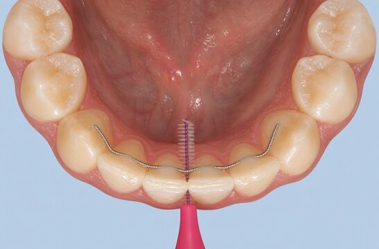 Interdental brush cleaning fixed lingual retainer behind lower teeth