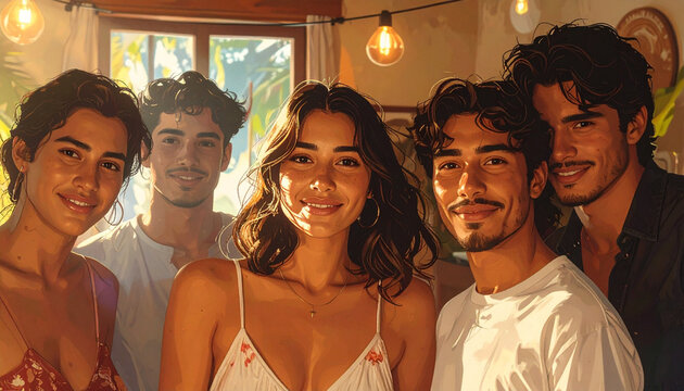 Happy group of friends smiling together indoors