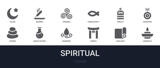 Set of 12 solid Spiritual icons for dashboards, app screens and website sections. Filled glyph collection including incense, christianity, donation, magic potion and raindrop. © William