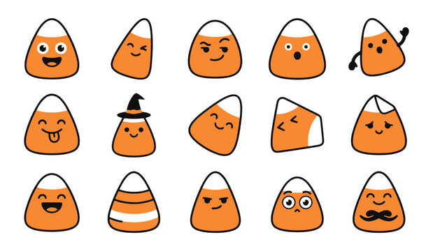 Set of cute candy corn characters with various funny facial expressions for halloween holiday celebration design elements