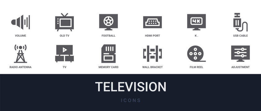 Set of 12 solid Television icons for dashboards, app screens and website sections. Filled glyph collection including old tv, hdmi port, usb cable, tv and memory card.