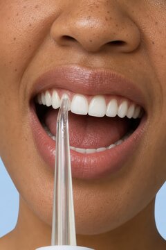 Woman using water flosser to clean upper front teeth