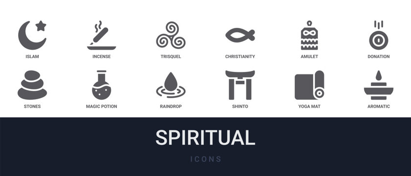 Set of 12 solid Spiritual icons for dashboards, app screens and website sections. Filled glyph collection including incense, christianity, donation, magic potion and raindrop.
