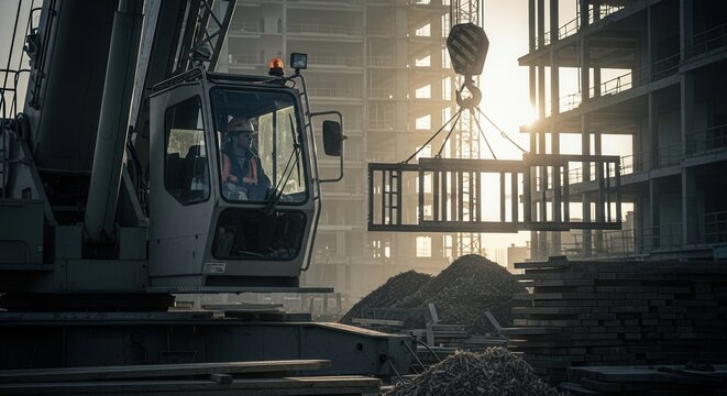 Crane Operator Lifts Building Material At Construction Site Under Sunlit Sky