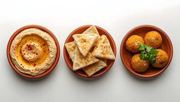 Traditional Middle Eastern mezze platter with hummus, cheese, and falafel. Authentic appetizer spread featuring dips, snacks, and fresh garnishes f...