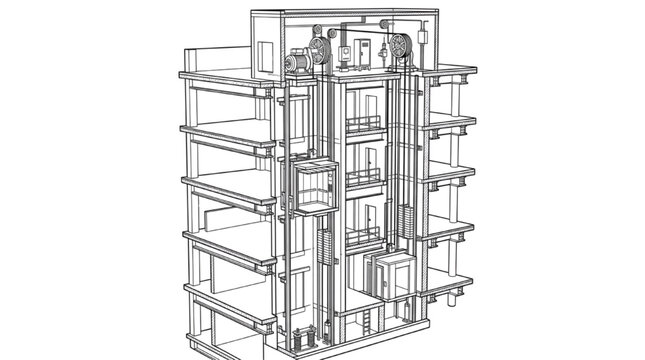 Cutaway illustration of a building's elevator system machinery