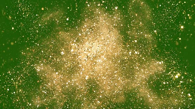 Estallido de estrella dorada con destellos brillantes, part&iacute;culas de luz y rayos radiantes sobre un fondo verde chroma key neutro. Un efecto visual de celebraci&oacute;n, energ&iacute;a y elegancia.