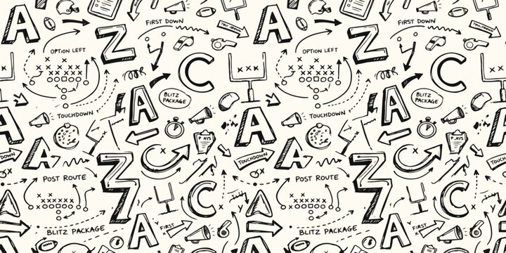 American football coaching playbook sketch pattern with letters a z c and strategy arrows football strategy playbook seamless coaching alphabet