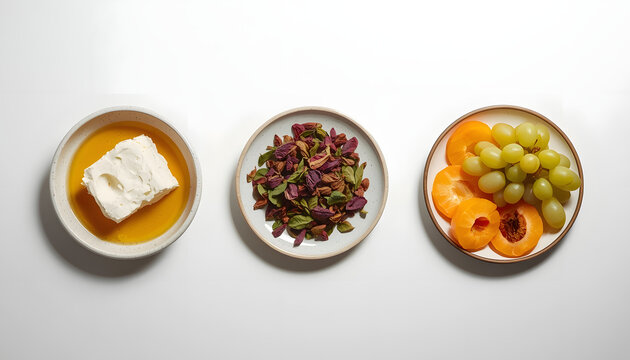 Three gourmet appetizers on ceramic plates ready to serve. Elegant small bites with vibrant toppings for catering and dining.