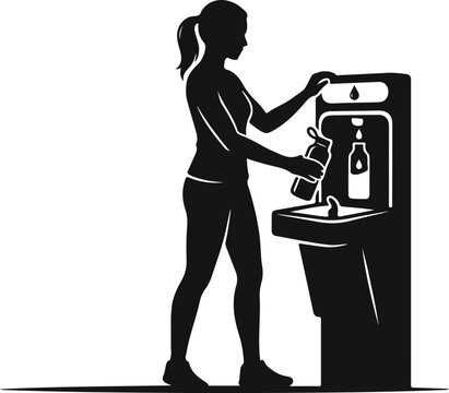 Woman Refilling Water Bottle At Hydration Station Vector Silhouette