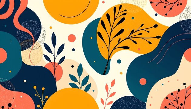 The image features an abstract pattern composed of various organic shapes resembling leaves, circles, and blobs in a vibrant color palette of orange, navy blue, coral, and cream
