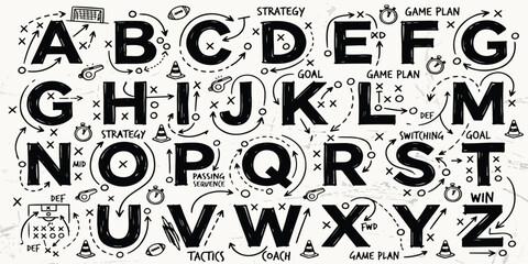 Alphabet of american football tactics and playbook strategy symbols with football alphabet strategy playbook coaching training gameplay © Manjur