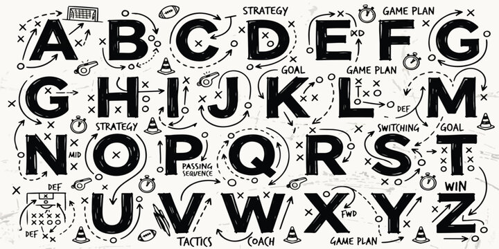 Alphabet of american football tactics and playbook strategy symbols with football alphabet strategy playbook coaching training gameplay