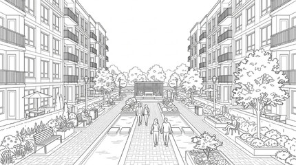 Fototapeta premium Modern urban apartment courtyard landscape architecture line sketch