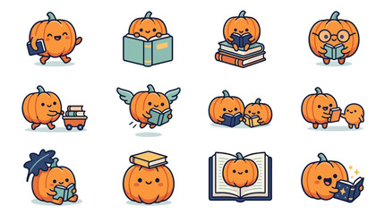 Kawaii pumpkin characters reading books and learning stickers.