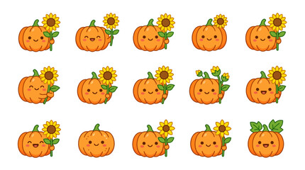 Fototapeta premium Kawaii pumpkin characters with bright yellow sunflowers.