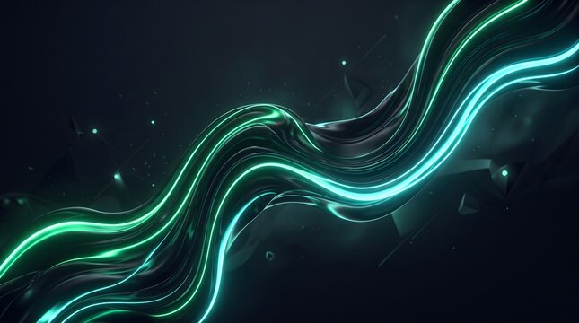 Abstract 3D futuristic fluid wave background glowing with emerald green and aqua cyan gradient edge illumination.