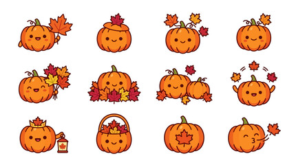 Fototapeta premium Kawaii pumpkins with baskets and autumn leaves.