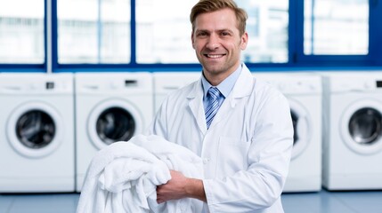 Fototapeta premium Product-as-a-Service , Circular Customer Value, Happy Employee in a Uniform Holding Freshly Laundered Towels in a Bright and Modern Laundry Facility