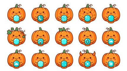 Fototapeta premium Pumpkin characters holding glowing blue crystal balls.