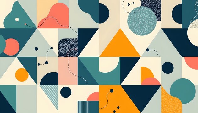 The image features an abstract geometric pattern composed of various shapes such as triangles, circles, squares, and semi circles arranged in a seemingly random yet balanced composition