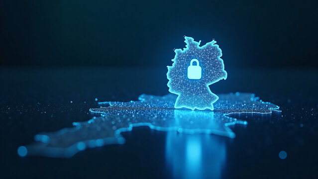 Digital cybersecurity shield protects Germany map with glowing network and corporate background