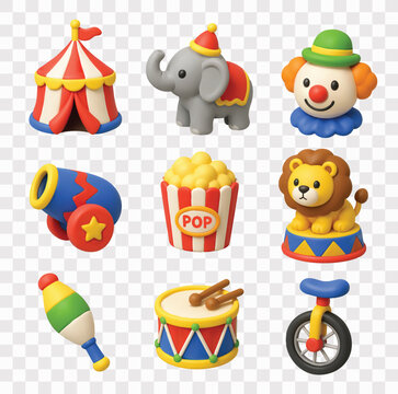 Circus Vector Icon Set | 3D icon set | circus tent, elephant, smiling clown, cannon, popcorn, lion, maraca, drum, unicycle