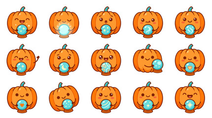Obraz premium Adorable pumpkins juggling glowing blue magical orbs.