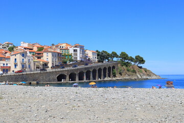 Fototapeta premium Banyuls sur Mer beach with bridge view, France.