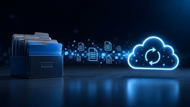 Digital files pixelating and transferring from a physical drawer into a glowing cloud storage icon with a synchronization symbol
