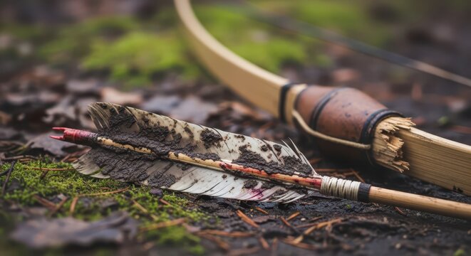 Traditional wooden bow and muddy feather arrow resting on forest floor, representing archery and outdoor adventure