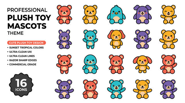 Collection of 16 Pixel Art Plush Toy Characters With Text Overlay