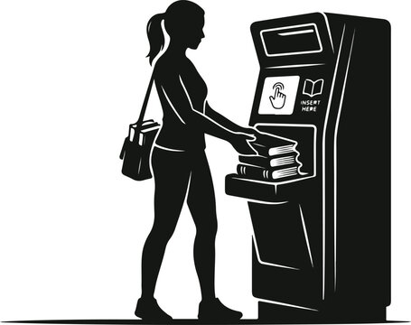 Woman Returning Books At Library Self Checkout Kiosk Vector Silhouette