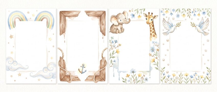 Watercolor Noahs Ark Frame Set with Rainbow, Wood Texture, Cute Animals and Doves