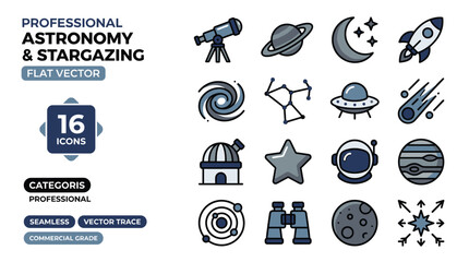 Set of Pixel Art Icons Representing Astronomy and Stargazing Themes © febi