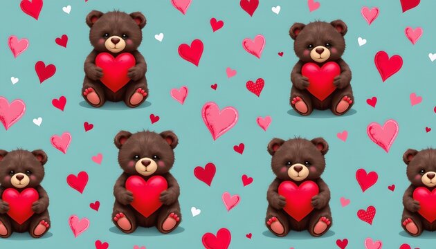 The image features a repeating pattern of adorable brown teddy bears holding large red hearts against a light blue background