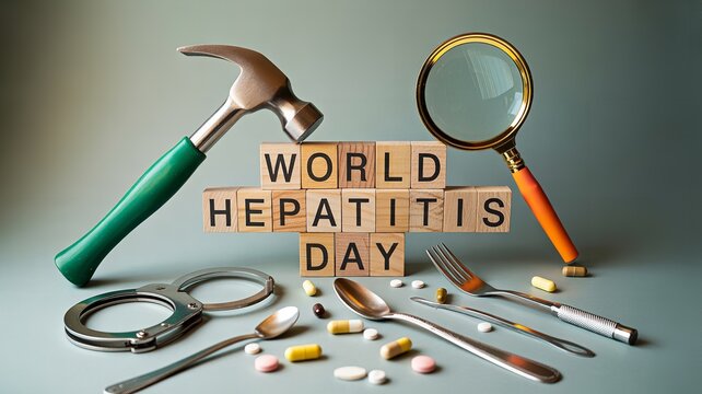 World Hepatitis Day awareness concept with medical tools and pills around wooden blocks highlighting global health prevention message