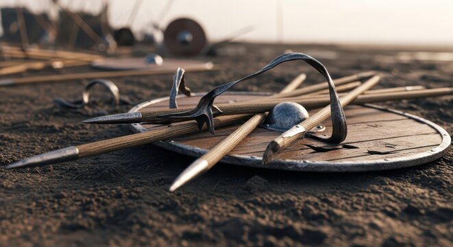 Viking era battlefield aftermath: abandoned wooden shield and spears lying on the ground during a historical reenactment event