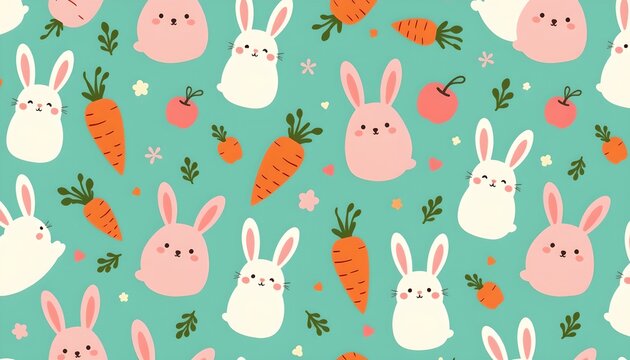 The image features a playful and cute pattern with cartoon style rabbits, carrots, and small fruits scattered across a teal background