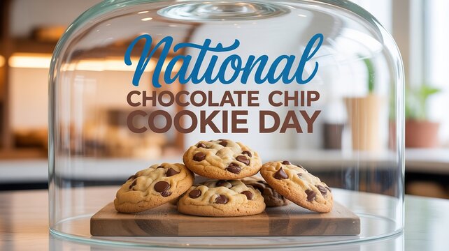 Chocolate chip cookies under glass dome on wooden tray, sweet dessert concept celebrating national cookie day in warm kitchen