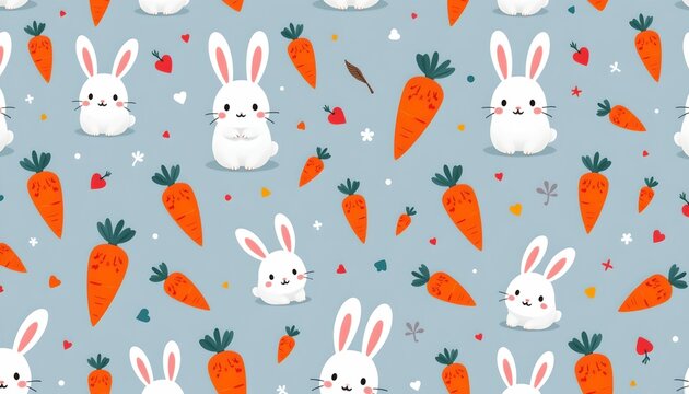 The image features a playful pattern with white cute rabbits and orange carrots scattered evenly across a light blue background