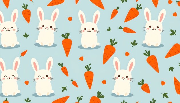 The image features a playful pattern with white cartoon rabbits and orange carrots scattered across a light blue background