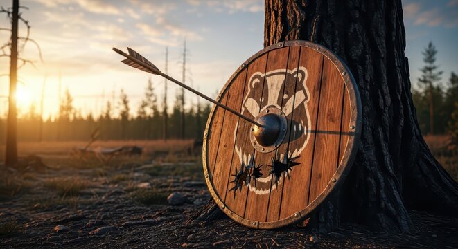 Viking shield with arrow stuck in it, leaning against a tree at sunset, forest background, symbol of defense