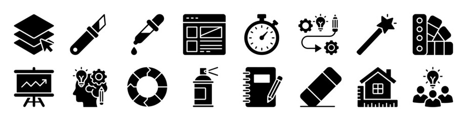 Set of creative and business icons including layers, cutter, dropper, web page, stopwatch, innovation, magic wand, color palette, presentation, brainstorming, pie chart on transparent background © Yehor