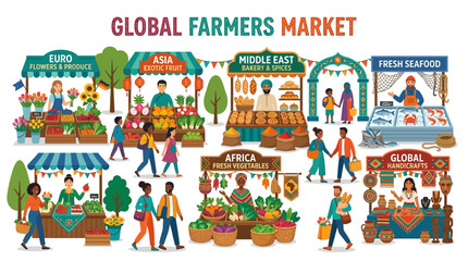 Fototapeta premium Global Farmers Market with diverse people shopping at international food stalls