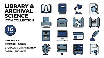 Fototapeta premium Library and Archival Science Icon Collection With 16 Resources
