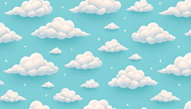 The image depicts a sky filled with fluffy, cartoon style clouds of varying sizes scattered across a bright blue background