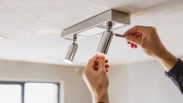 Hands installing a modern chrome ceiling spotlight fixture with a hex key indoors, home improvement and lighting installation DIY close up with copy space