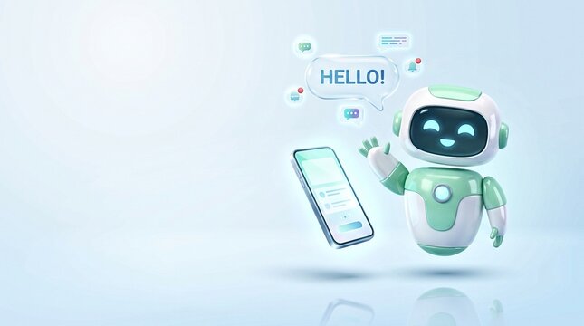 Friendly AI robot chatbot greeting with smartphone and hello chat bubble, light background
