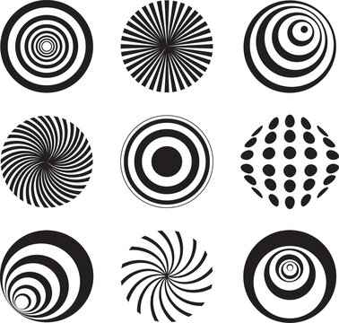 Collection of abstract black and white geometric circle designs featuring optical illusion effects, spiral patterns, concentric rings, radial bursts, and halftone-inspired shapes. 